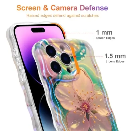 EYZUTAK Чехол для iPhone 13 Pro Max, разноцветный ретро-масляная живопись цветок лазерный глянцевый узор милый кудрявый край изысканный чехол для телефона стильный прочный защитный чехол из ТПУ для девочек и женщин — Сакура - 4
