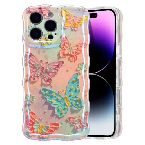 EYZUTAK Чехол для iPhone 13 Pro Max, с красочным ретро-масляным рисунком цветов, лазерным глянцевым узором, милым волнистым краем, изысканный чехол для телефона, стильный прочный защитный TPU чехол для девочек и женщин - Бабочки 