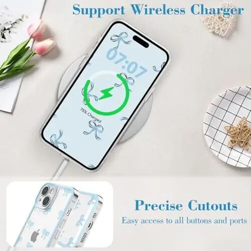 EYZUTAK Чехол для iPhone 13, прозрачный милый чехол с бантиком, эстетичный прозрачный чехол для телефона с приподнятой защитой камеры, стильный, тонкий, мягкий, прочный защитный чехол из ТПУ для женщин и девушек — синий - 5