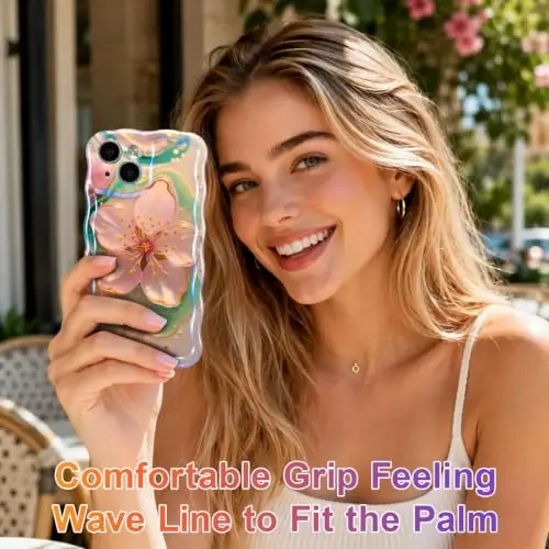 EYZUTAK Чехол для iPhone 14, Цветной Ред. Масляная Живопись Цветок Лазерный Глянцевый Узор Милый Волновой Край Изысканный Чехол для телефона - Сакура - 5