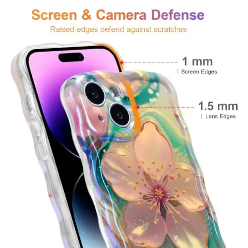 EYZUTAK Чехол для iPhone 14, Цветной Ред. Масляная Живопись Цветок Лазерный Глянцевый Узор Милый Волновой Край Изысканный Чехол для телефона - Сакура - 6