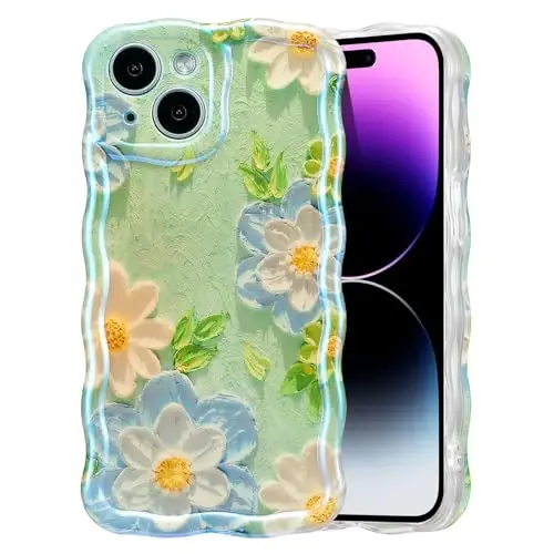 EYZUTAK Чехол для iPhone 14, Цветной Редкий Масляный Живопись Цветок Лазерный Глянцевый Узор Милый Волновой Край Стильный Прочный TPU - Синий Белый 