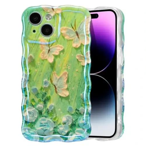 EYZUTAK Чехол для iPhone 14, красочный ретро-цветочный масляный рисунок, лазерный глянцевый узор, милый волнистый край, изысканный чехол для телефона, стильный прочный защитный чехол из ТПУ для женщин — зеленый бабочка 