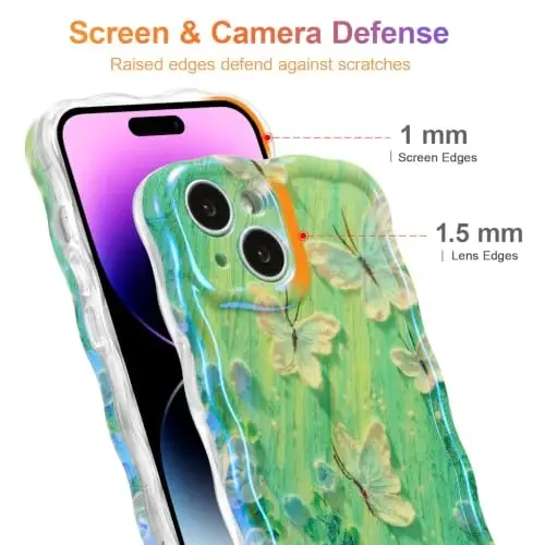 EYZUTAK Чехол для iPhone 14, красочный ретро-цветочный масляный рисунок, лазерный глянцевый узор, милый волнистый край, изысканный чехол для телефона, стильный прочный защитный чехол из ТПУ для женщин — зеленый бабочка - 4