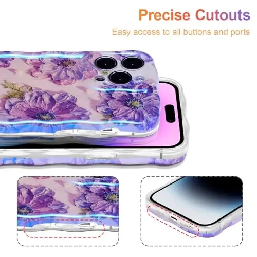 EYZUTAK Чехол для iPhone 14 Pro, красочный ретро масляная живопись с цветочным принтом, глянцевый лазерный узор, милый волнистый бордюр, изысканный чехол для телефона, стильный прочный ТПУ защитный чехол для девочек и женщин - фиолетовый - 5