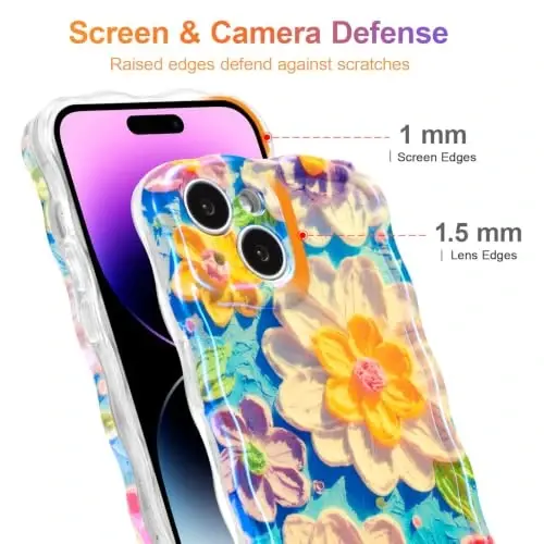 EYZUTAK Чехол для iPhone 15, Цветной ретро-цветочный масляный лазерный глянцевый узор Милый вьющийся край изысканный чехол для телефона Стильный прочный защитный чехол из ТПУ - 4