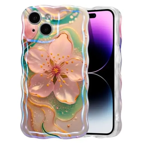 EYZUTAK Чехол для iPhone 15, Цветной ретро масляная живопись цветок лазерный глянцевый узор милый вьющийся край изысканный чехол для телефона стильный прочный защитный чехол из ТПУ для девочек и женщин — сакура 