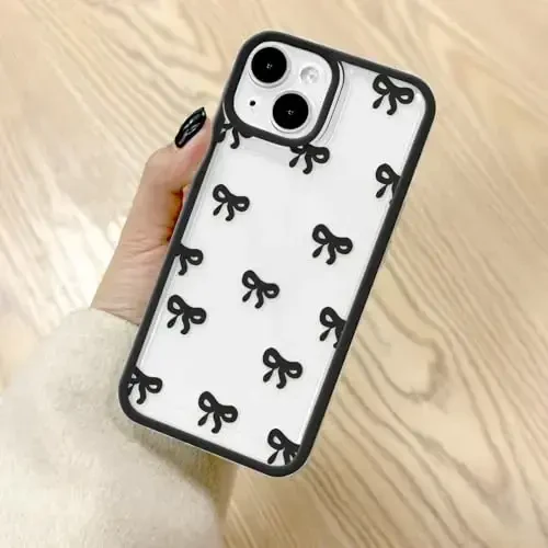 EYZUTAK Чехол для iPhone 15 Plus, прозрачный милый бант с лентой, эстетичный прозрачный чехол для телефона, приподнятая защита камеры, стильный тонкий мягкий прочный ТПУ защитный чехол для женщин и девочек - черный - EYZUTAK