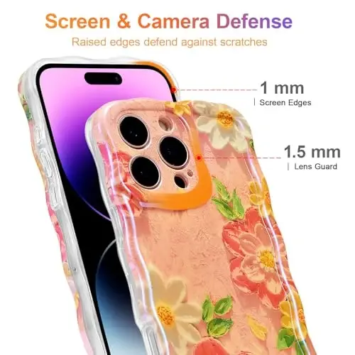 EYZUTAK Чехол для iPhone 15 Pro Max, цветной ретро масляный цветок лазерный глянцевый узор, милый волнистый край, изысканный чехол для телефона, стильный прочный защитный чехол из ТПУ для девочек и женщин — розово-белый - 4