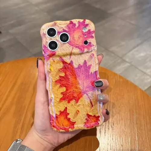 EYZUTAK Чехол для iPhone 15 Pro Max, Цветной ретро-узор с масляной живописью, лазерный глянцевый узор, милый волнистый край, изысканный чехол для телефона, стильный прочный защитный чехол из ТПУ для девушек и женщин - Кленовый лист - 4
