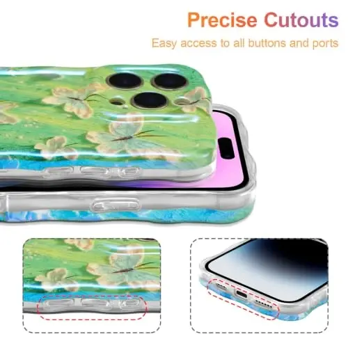 EYZUTAK Чехол для iPhone 15 Pro Max, красочный ретро-чехол с масляной живописью, цветами, лазерным глянцевым рисунком, милыми волнистыми краями, изысканный чехол для телефона, стильный прочный защитный чехол из ТПУ для женщин — Butterfly Green - 5