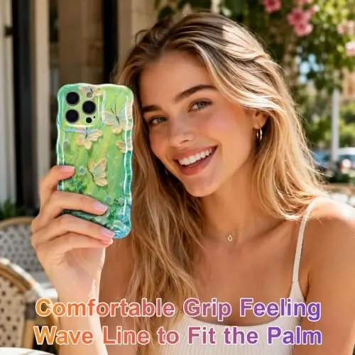 EYZUTAK Чехол для iPhone 15 Pro Max, красочный ретро-чехол с масляной живописью, цветами, лазерным глянцевым рисунком, милыми волнистыми краями, изысканный чехол для телефона, стильный прочный защитный чехол из ТПУ для женщин — Butterfly Green - 6