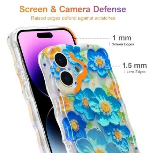 EYZUTAK Чехол для iPhone 16, Цветной ретро масляная живопись цветок лазерный глянцевый узор Милый вьющийся край изысканный чехол для телефона стильный прочный защитный чехол из ТПУ для девочек женщин - Синий - 4