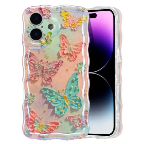 EYZUTAK Чехол для iPhone 16 Plus, цветной ретро масляная живопись цветок лазерный глянцевый узор милый волнистый край изысканный чехол для телефона стильный прочный TPU защитный чехол для девочек женщин - Бабочки 