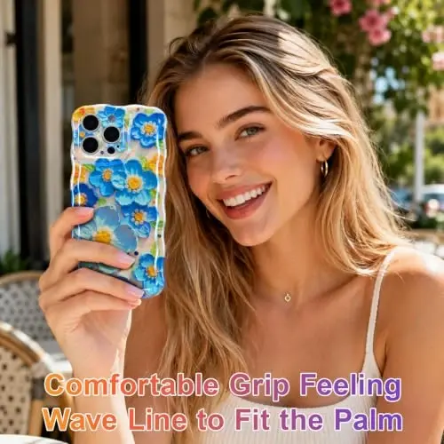 EYZUTAK Чехол для iPhone 16 Pro Max, цветной ретро масляный цветок лазерный глянцевый рисунок милый волнистый край изысканный чехол для телефона стильный прочный защитный чехол из TPU для девочек женщин - Синий - 6