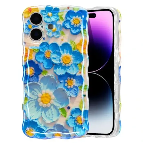 EYZUTAK Чехол для iPhone 17, Цветной ретро масляная живопись цветок лазерный глянцевый узор милый вьющийся край изысканный чехол для телефона стильный прочный защитный чехол из TPU для девочек женщин - Синий 
