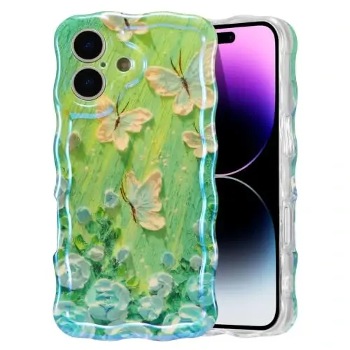 EYZUTAK Чехол для iPhone 17, Цветной ретро масляная живопись цветок лазерный глянцевый узор милый вьющийся волнистый край изысканный чехол для телефона стильный прочный TPU защитный чехол для женщин - Butterfly Green 