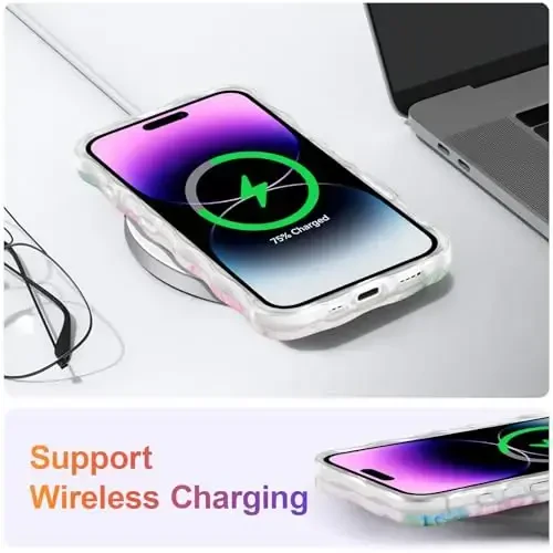 EYZUTAK Чехол для iPhone 17, красочный ретро масляный живопись цветок лист лазерный глянцевый узор милые вьющиеся волны край изысканный чехол для телефона стильный прочный TPU защитный чехол для женщин - розовый зеленый - 6