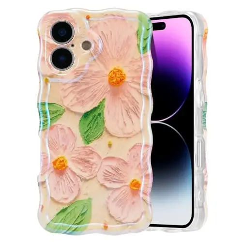 EYZUTAK Чехол для iPhone 17, красочный ретро масляный живопись цветок лист лазерный глянцевый узор милые вьющиеся волны край изысканный чехол для телефона стильный прочный TPU защитный чехол для женщин - розовый зеленый 