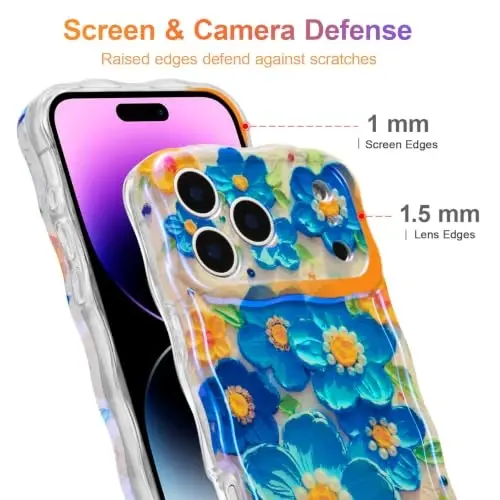EYZUTAK Чехол для iPhone 17 Pro, Цветной ретро масляная живопись цветок лазерный глянцевый узор Милый кудрявый край волны изысканный чехол для телефона стильный прочный TPU защитный чехол для девочек женщин - Синий - 4