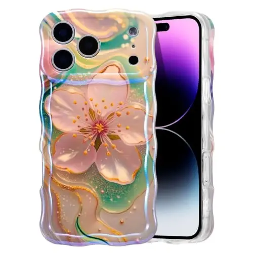 EYZUTAK Чехол для iPhone 17 Pro, цветной ретро-рисунок масляной краской, цветы, лазерный глянцевый узор, милые волнистые края, изящный чехол для телефона, стильный прочный защитный TPU чехол для девочек и женщин — Сакура 
