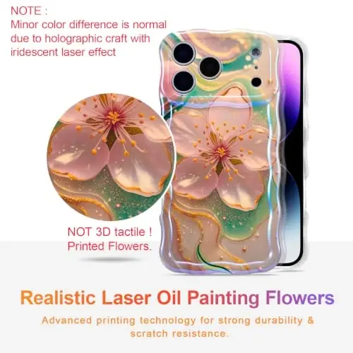 EYZUTAK Чехол для iPhone 17 Pro, цветной ретро-рисунок масляной краской, цветы, лазерный глянцевый узор, милые волнистые края, изящный чехол для телефона, стильный прочный защитный TPU чехол для девочек и женщин — Сакура - EYZUTAK (1)