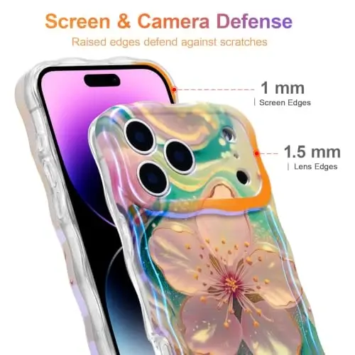 EYZUTAK Чехол для iPhone 17 Pro, цветной ретро-рисунок масляной краской, цветы, лазерный глянцевый узор, милые волнистые края, изящный чехол для телефона, стильный прочный защитный TPU чехол для девочек и женщин — Сакура - 4