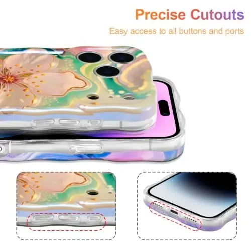 EYZUTAK Чехол для iPhone 17 Pro, цветной ретро-рисунок масляной краской, цветы, лазерный глянцевый узор, милые волнистые края, изящный чехол для телефона, стильный прочный защитный TPU чехол для девочек и женщин — Сакура - 5