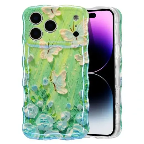 EYZUTAK Чехол для iPhone 17 Pro Max, цветной ретро-цветочный масляный рисунок, лазерный глянцевый узор, милый волнистый край, изысканный чехол для телефона, стильный прочный защитный чехол из TPU для женщин — Зеленая бабочка 