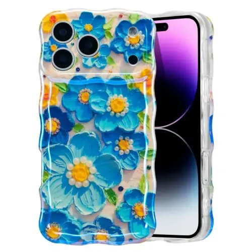 EYZUTAK Чехол для iPhone 17 Pro Max, Цветной ретро масляная живопись цветок лазерный глянцевый узор милый вьющийся край волны изысканный чехол для телефона стильный прочный TPU защитный чехол для девочек женщин - Синий 