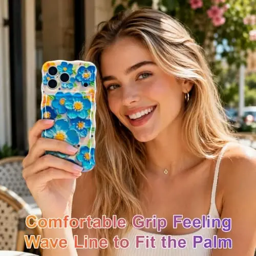 EYZUTAK Чехол для iPhone 17 Pro Max, Цветной ретро масляная живопись цветок лазерный глянцевый узор милый вьющийся край волны изысканный чехол для телефона стильный прочный TPU защитный чехол для девочек женщин - Синий - 6