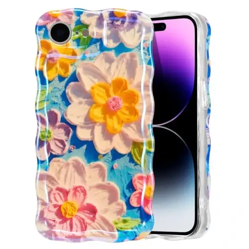 EYZUTAK Чехол для iPhone 17e/iPhone 16e, Красочный ретро-чехол с масляной живописью, лазерный глянцевый, милый, с волнистым краем, изысканный чехол для телефона, стильный, прочный защитный ТПУ-чехол для женщин — белый - 1
