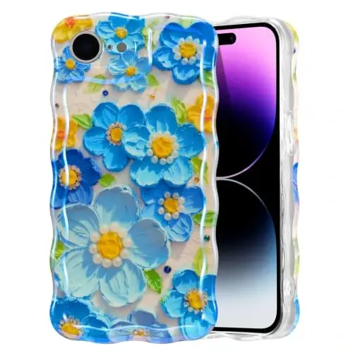 EYZUTAK Чехол для iPhone 17e/iPhone 16e, Красочный ретро масляная живопись цветок лазерный глянцевый милый вьющийся волнистый край изысканный чехол для телефона стильный прочный TPU защитный чехол для женщин - Синий 