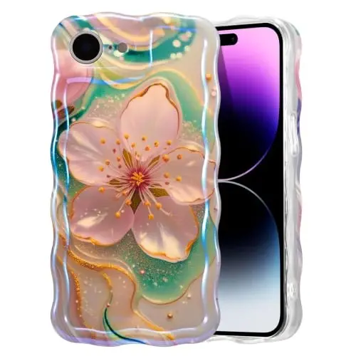 EYZUTAK Чехол для iPhone 17e/iPhone 16e, Красочный ретро масляный цветок Лазерный глянцевый милый волнистый край Изысканный чехол для телефона Розовый сакура - 1