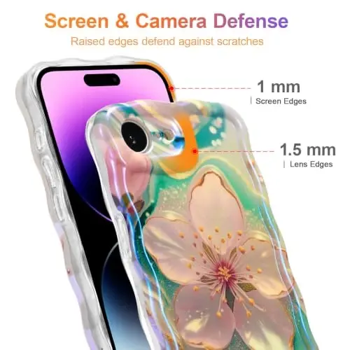 EYZUTAK Чехол для iPhone 17e/iPhone 16e, Красочный ретро масляный цветок Лазерный глянцевый милый волнистый край Изысканный чехол для телефона Розовый сакура - 4