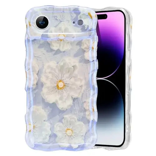 EYZUTAK Чехол для iPhone Air, красочный ретро, масляная живопись, цветочный лазерный глянцевый узор, милый волнистый край, изысканный чехол для телефона, стильный прочный ТПУ защитный чехол для девочек и женщин - светло-голубой 