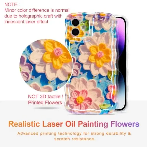 EYZUTAK Case for iPhone 11, Colorful Retro Oil Painting Flower Laser Glossy Pattern Cute Curly Wave Edge Exquisite Phone Cover Stylish Durable TPU Protective Case for Girl Women - White - EYZUTAK (1)