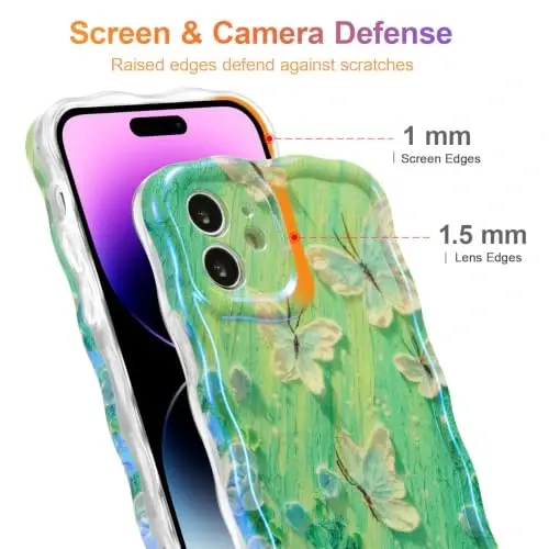EYZUTAK iPhone 11 Kılıfı, Renkli Retro Yağlıboya Çiçek Lazer Parlak Desen Sevimli Kıvırcık Dalga Kenar Zarif Telefon Kılıfı Şık Dayanıklı TPU Koruyucu Kılıf Kadınlar İçin - Kelebek Yeşil - 4