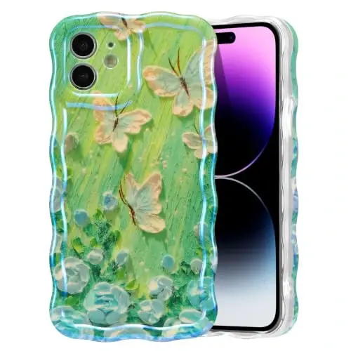 EYZUTAK iPhone 11 uchun g‘ilof, Rangli Retro Yog‘li Bo‘yash Gullari Laser Yorqin Naqsh Yoqimli Jingalak To‘lqin Qirrasi Naqis Telefon Qopqog‘i Ayollar uchun Zamonaviy Bardoshli TPU Himoya G‘ilofi - Kapalak Yashil 