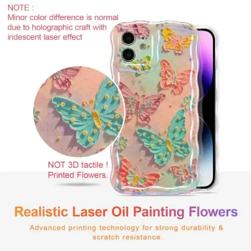 EYZUTAK iPhone 11 uchun g‘ilof, Rangli Retro Yog‘li Bo‘yash Gulli Lazer Yorqin Naqshli Yoqimli Jingalak To‘lqinli Chekka Nafis Telefon G‘ilof Zamonaviy Bardoshli TPU Himoya G‘ilof Qiz Ayollar uchun - Kapalaklar - EYZUTAK (1)