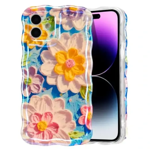 EYZUTAK iPhone 12 için Kılıf, Renkli Retro Yağlıboya Çiçek Lazer Parlak Desen Sevimli Kıvırcık Dalga Kenar Zarif Telefon Kılıfı Şık Dayanıklı TPU Koruyucu Kılıf - Beyaz 