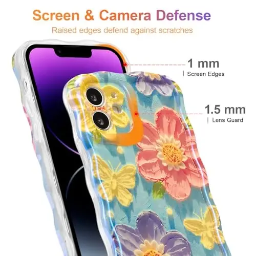 EYZUTAK iPhone 12 Kılıfı, Renkli Retro Yağlı Boya Çiçek Lazer Parlak Desen Sevimli Kıvırcık Dalga Kenar Zarif Telefon Kılıfı Şık Dayanıklı TPU Koruyucu Kılıf Kadınlar İçin - Kelebek Çiçek - 4