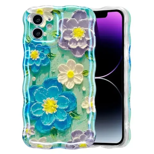 EYZUTAK Case for iPhone 12, Colorful Retro Oil Painting Flower Laser Glossy Pattern Cute Curly Wave Edge Exquisite Phone Cover Stylish Durable TPU Protective Case for Girl Women - Blue Purple 