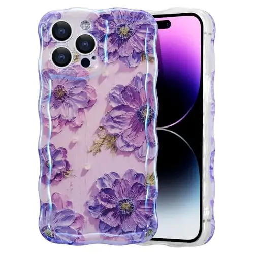 EYZUTAK iPhone 12 Pro Max uchun g'ilof, rangli retro moyli bo'yoqli bosma gul lazerli yaltiroq naqshli yoqimli jingalak to'lqinli qirrali nafis telefon qopqog'i zamonaviy bardoshli TPU himoya qutisi qizlar uchun ayollar-Binafsha 