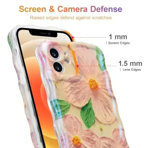 EYZUTAK iPhone 12 uchun g‘ilof, rangli retro moyli bo‘yoqli gul barglari lazerli yaltiroq naqshli yoqimli jingalak to‘lqinli qirrali nafis telefon qopqog‘i zamonaviy bardoshli TPU himoya g‘ilofi qizlar ayollar uchun - pushti yashil - 4