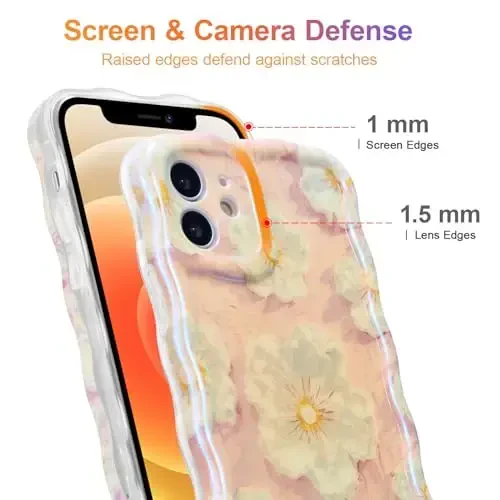 EYZUTAK iPhone 12 uchun g'ilof, Rangli Retro Moyli Bo'yoqli Gul Lazer Yorqin Naqshli Yoqimli Jingalak To'lqin Chegarasi Qizlar Ayollar uchun nafis Telefon Qopqog'i Zamonaviy Bardoshli TPU Himoya Qutisi - Ochiq Pushti - 4