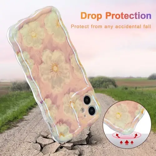 EYZUTAK iPhone 12 uchun g'ilof, Rangli Retro Moyli Bo'yoqli Gul Lazer Yorqin Naqshli Yoqimli Jingalak To'lqin Chegarasi Qizlar Ayollar uchun nafis Telefon Qopqog'i Zamonaviy Bardoshli TPU Himoya Qutisi - Ochiq Pushti - 3