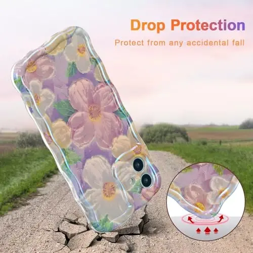 EYZUTAK iPhone 12 uchun g'ilof, Rangli Retro Yog'li Bo'yoqli Bosma Gul Lazer Nurli Yaltiroq Naqshli Yoqimli Jingalak To'lqinlar Chegarasi Qizlar uchun Nozik Telefon Qopqog'i Zamonaviy Bardoshli TPU Himoya G'ilofi - Pushti - 3