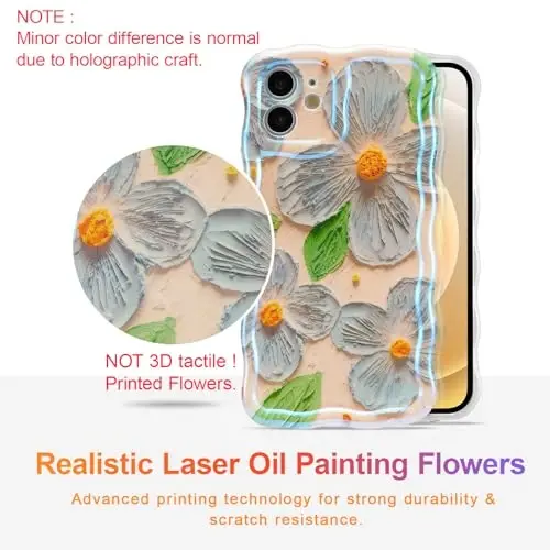 EYZUTAK iPhone 12 uchun g'ilof, Rangli Retro Yog'li Bo'yoqli Gul Barglari Lazer Yorqin Naqshli Yoqimli Jingalak To'lqinlar Qirrasi Nafis Telefon Qopqog'i Zamonaviy Bardoshli TPU Himoya G'ilofi Qizlar Ayollar uchun - Moviy Yashil - EYZUTAK (1)