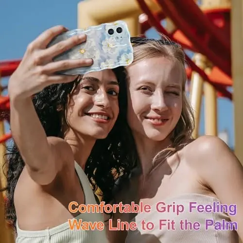 EYZUTAK iPhone 12 uchun g'ilof, Rangli Retro Yog'li Bo'yoqli Gul Lazer Yorqin Naqshli Chiroyli Jingalak To'lqin Chegarali Nafis Telefon Qopqog'i Zamonaviy Bardoshli TPU Himoya G'ilofi Qizlar Ayollar uchun - Moviy - 2